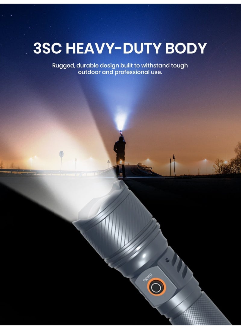 أوجيرا كشاف LED قابل لإعادة الشحن | كشاف تكتيكي فائق السطوع | سطوع عالي | بطارية 3SC طويلة العمر | تصميم صغير وقوي التحمل | مقاوم للماء | مثالي للتخييم والمشي وحالات الطوارئ | ضمان سنتين | OG1008SL | رمادي - Image 3